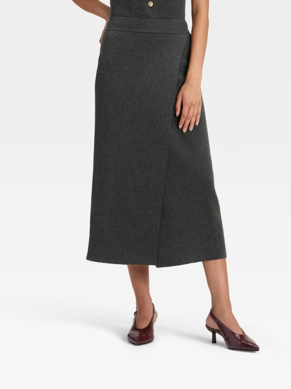 A New Day Charcoal Gray Wrap Midi Skirt M Soft Knit Minimalist Office